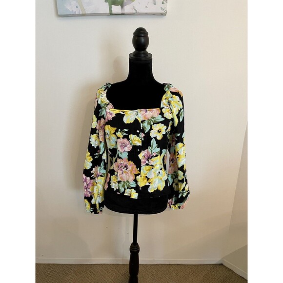 WHO WHAT WEAR Tops - Who What Wear Floral Black Long Sleeve Linen Square Neck Top Size Large NWT!